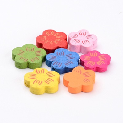 Mixed Color Natural Wood Flower Beads X-TB157Y-1