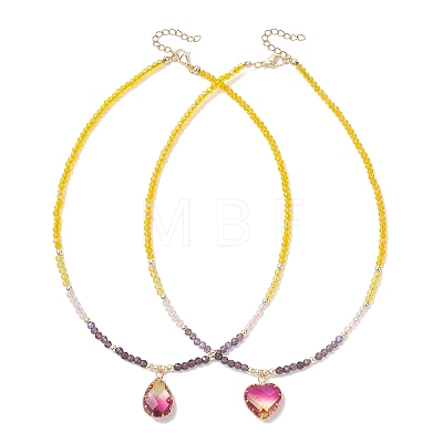 2Pcs 2 Styles Violet K9 Glass Teardrop Heart Pendant Colorful Electroplated Glass Faceted Rondelle Beaded Necklaces NJEW-JN05753-1