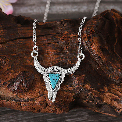 Western Cowboy Style Synthetic Turquoise Cattle Head Pendant Necklaces & Stud Earrings Sets for Women FS-WG063A3-03-1