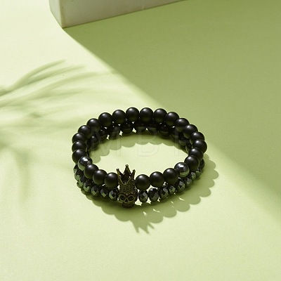 2Pcs 2 Style Synthetic Hematite & Black Stone & Natural Obsidian Stretch Bracelets Set with Cubic Zirconia Skull BJEW-JB08120-03-1