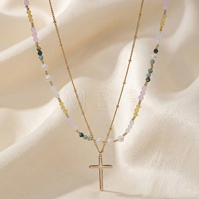Colorful Natural Mixed Stone and Imitaiton Pearl Beaded Double Layered Necklaces with Stainless Steel Religion Cross Pendant MK2269-1