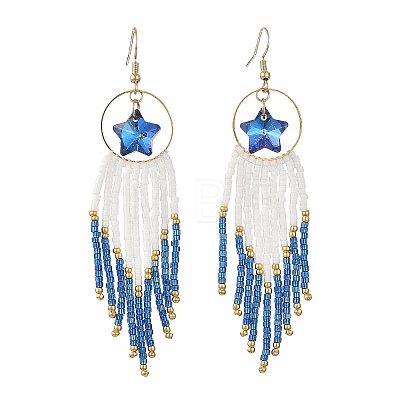 Star Glass Seed Beaded Dangle Tassel Earrings EJEW-MZ00777-1