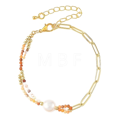 Faceted Natural Mixed Gemstone Beaded & Brass Paperclip Chain Bracelets with Natural Pearl for Women BJEW-JB14324-1