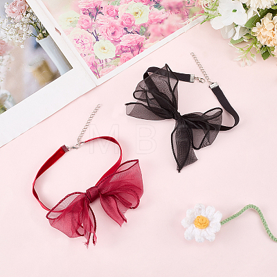 2Pcs 2 Colors Gauze Bowknot Fabric Choker Necklaces for Women AJEW-CP0011-95-1