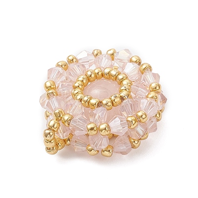 Natural Rose Quartz & Glass Seed Beaded Flat Round Pendants PALLOY-MZ00950-01-1