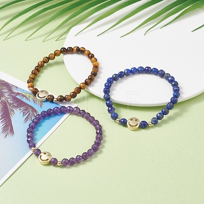 Faceted Round Natural Tiger Eye & Lapis Lazuli & Amethyst Beads Stretch Bracelets Set BJEW-JB07082-1