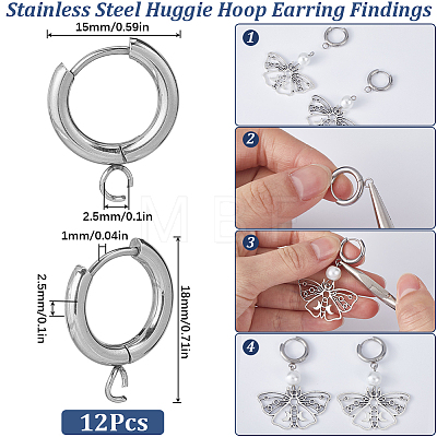 SUNNYCLUE 12Pcs 201 Stainless Steel Huggie Hoop Earring Findings STAS-SC0007-98P-1