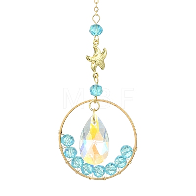 Ocean Theme Glass Round Beads & Teardrop Suncatcher with Brass Charm HJEW-JM04939-1