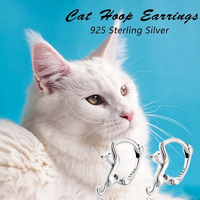 Rhodium Plated 925 Sterling Silver Cute Cat Hoop Earrings for Women JE1005A-1