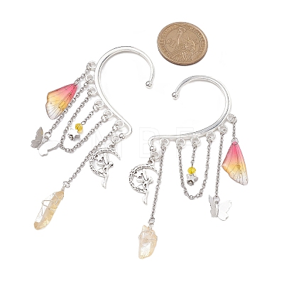 Wing Resin & Natural Quartz Crystal Points Beaded Dangle Earrings EJEW-TA00522-1