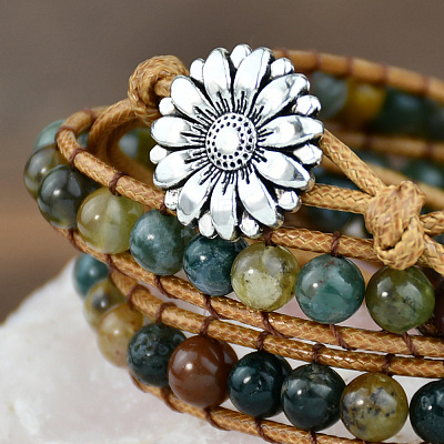 Adjustable Alloy Flower Natural Indian Agate Round Beaded Wrap Bracelets for Women WGB06FC-01-1