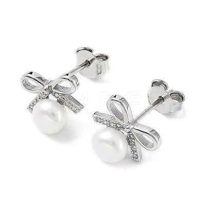 Anti-Tarnish Cubic Zirconia Bowknot with Natural Pearl Stud Earrings EJEW-F318-09P-1