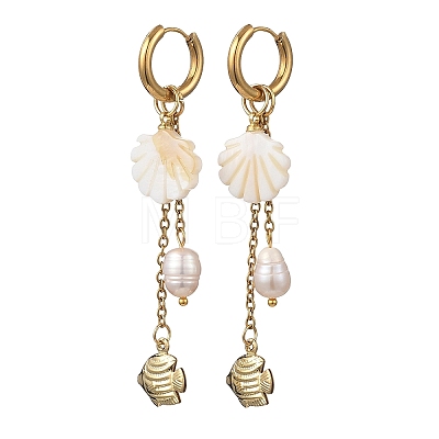 Natural Freshwater Shell & 316 Surgical Stainless Steel Charms Dangle Earrings for Women EJEW-JE07141-1