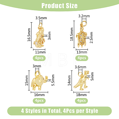 16Pcs 4 Style Brass Micro Pave Cubic Zirconia Animal Pendants KK-DC0003-46-1