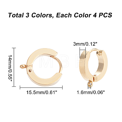 Unicraftale 12Pcs 3 Colors 304 Stainless Steel Huggie Hoop Earrings Findings STAS-UN0023-05-1