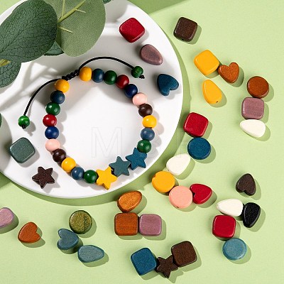 100Pcs 5 Style Painted Natural Wood Beads WOOD-LS0001-29-1