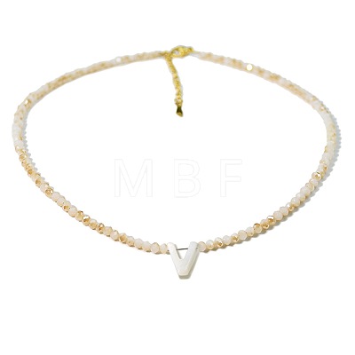 Natural White Shell Letter Faceted Glass Beaded Necklaces with 304 Stainless Steel End Chains SS7282-21-1