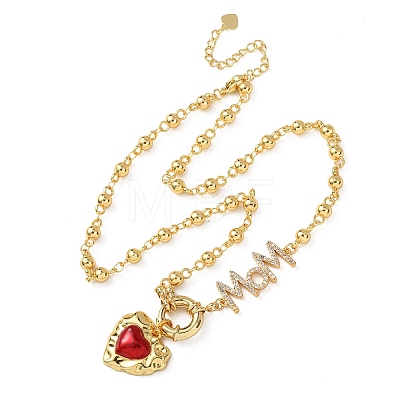 Mother's Day Brass Micro Pave Clear Cubic Zirconia Enamel Red Sacred Heart Mama Pendant Necklaces for Women NJEW-A071-12B-G-1