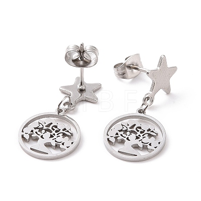 304 Stainless Steel Star with Tree Dangle Stud Earrings for Women EJEW-G328-08-1