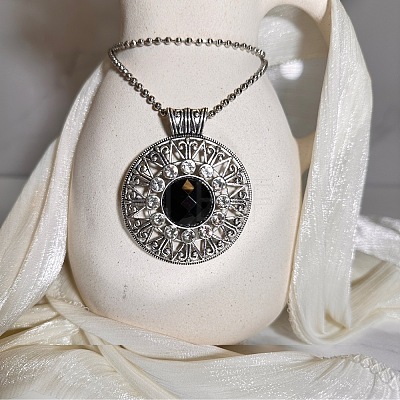 European style Alloy Crystal Rhinestone & Black Resin Flower Pendant Ball Chain Necklaces for Women PH9473-1