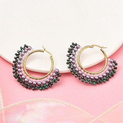 304 Stainless Steel & Bohemian Beaded Fan Hoop Earrings for Women EJEW-R001-01G-02-1