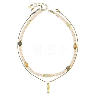 Brass Fish Pendant Natural Butter Jade and Petrified Wood Beaded Double Layer Necklaces NJEW-JN06688-1