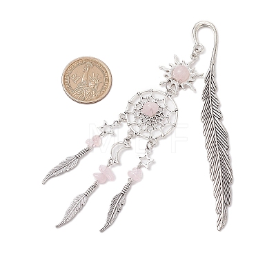 Alloy Sun & Woven Net/Web with Feather Charms Bookmarks AJEW-JK00368-03-1