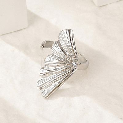 Leaf 304 Stainless Steel Open Cuff Rings for Women RJEW-G338-06P-1