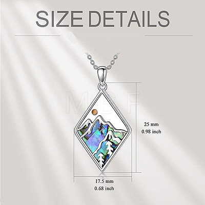 304 Stainless Steel Pave Natural Paua Shell & Mustard Seeds Rhombus with Mountain Faith Pendant Necklaces FS-WG4919D-01-1