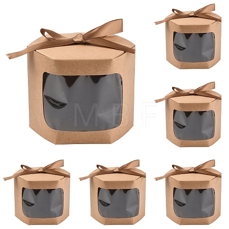 10Pcs Hexagon Kraft Paper Cake Boxes with Visual Window and Ribbon CON-YW0001-88A-1