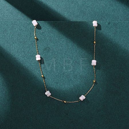 304 Stainless Steel with Dyed Pink Natural Shell Disc Beads Link Chain Necklaces for Women NJEW-K255-46G-1