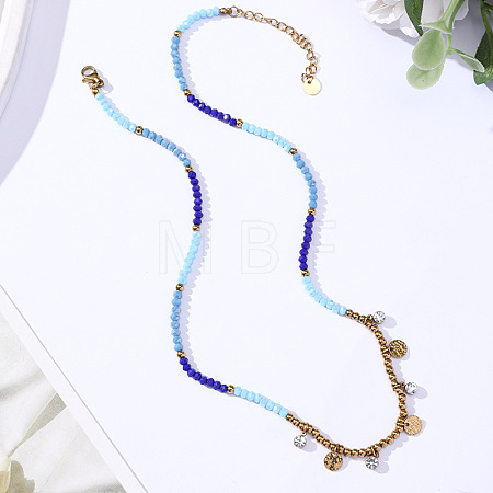 Boho 304 Stainless Steel Crystal Rhinestone Coin Tassel Pendant Glass Beaded Necklaces for Women WG01577-01-1