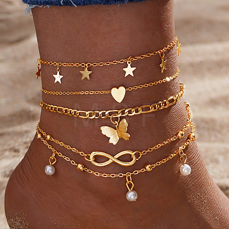 5Pcs Alloy Imitation Pearl Anklets WG853BB-01-1
