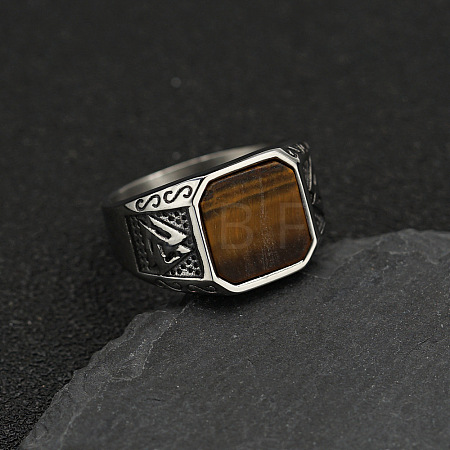 304 Stainless Steel with Natural Tiger Eye Finger Rings FS-WG06E27-18-1