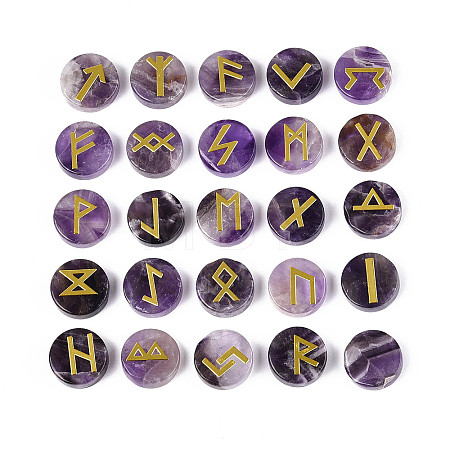 Brass Elder Futhark Alphabet Engraved Symbol Flat Round Natural Amethyst Rune Stones G-I373-01M-1