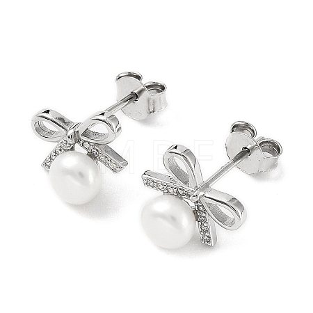 Anti-Tarnish Cubic Zirconia Bowknot with Natural Pearl Stud Earrings EJEW-F318-09P-1