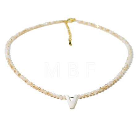 Natural White Shell Letter Faceted Glass Beaded Necklaces with 304 Stainless Steel End Chains SS7282-21-1