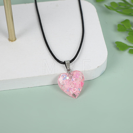 Luminous Heart with Paillette Inside Pendant Black Wax Cord Necklaces FS-WGF75A0-04-1