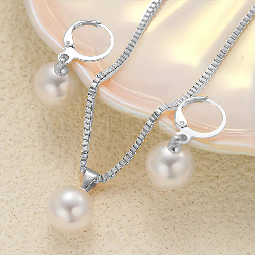 Plastic Imitation Pearl Round Pendant Necklaces & Hoop Earrings Sets WGD642E-02-1