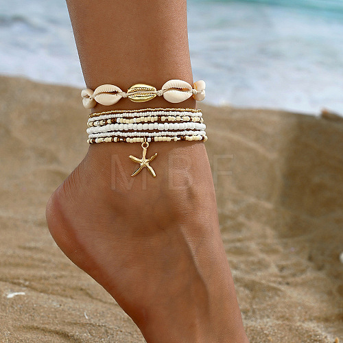 7Pcs 7 Styles Summer Beach Glass Seed Beaded & Natural Shell & Alloy Starfish Charm Anklets WG60733-06-1