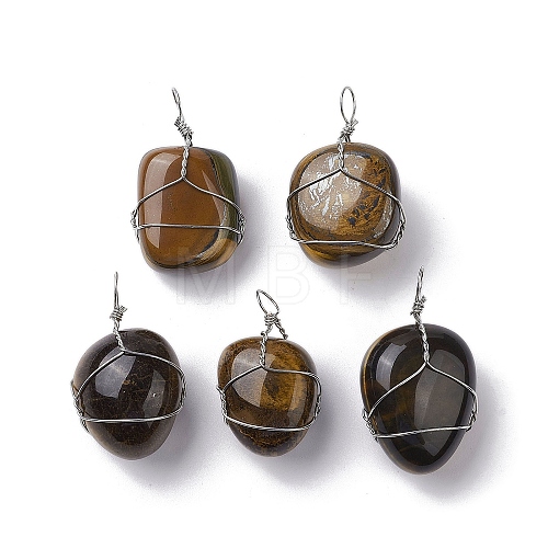 Natural Tiger Eye Copper Wire Wrapped Pendants G-C110-06C-P-1