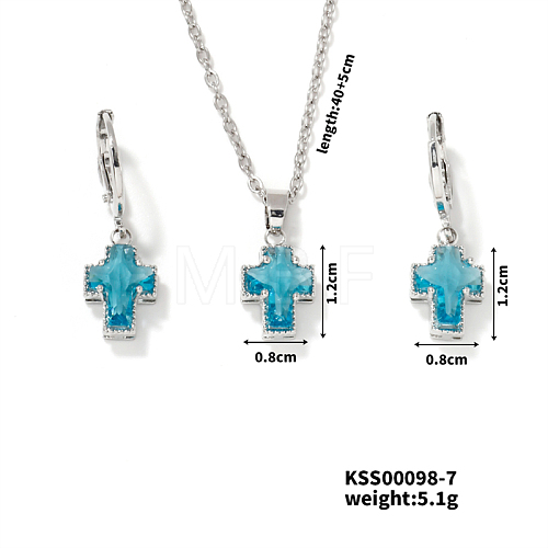 Elegant Cross Brass Rhinestones Necklace & Hoop Earrings Set for Women XB3228-6-1
