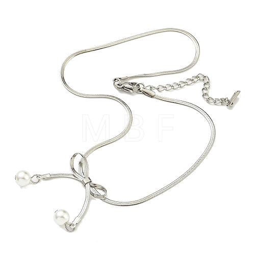 304 Stainless Steel Flat Snake Chain Bowknot Pendant Necklaces NJEW-Z041-06P-1