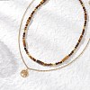 Tree of Life 304 Stainless Steel Pendant Cable Chain and Natural Tiger Eye Rectangle Round Beaded Double Layer Necklaces NJEW-JN05713-2