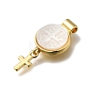 Brass Pave Natural White Shell Flat Round with Cross Pendants KK-C090-40G-05-2