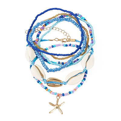 2 Bags Summer Beach Glass Seed Beaded & Natural Shell & Alloy Starfish Charm Anklet Sets AJEW-TA0003-69D-1