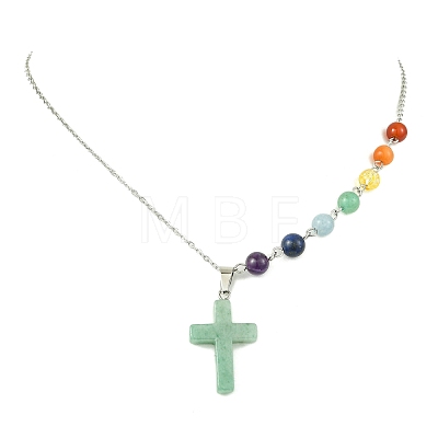 Chakra Natural Green Aventurine Religion Cross Pendant 304 Stainless Steel Cable Chain Necklaces for Women NJEW-JN06268-01-1