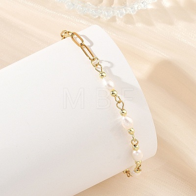 Natural Pearl Rice Beaded Chain Bracelets with 304 Stainless Steel Paperclip Chains BJEW-JB14234-01-1