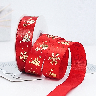 22M Flat Christmas Snowman Printed Polyester Satin Ribbons XMAS-PW0001-183P-1