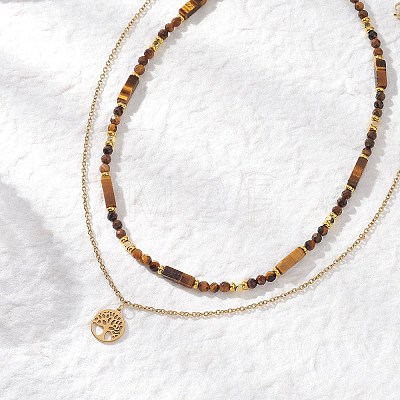 Tree of Life 304 Stainless Steel Pendant Cable Chain and Natural Tiger Eye Rectangle Round Beaded Double Layer Necklaces NJEW-JN05713-1
